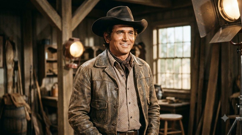 A publicity photo of Michael Landon as Little Joe Cartwright from Bonanza dressed in his signature Western attire with a
