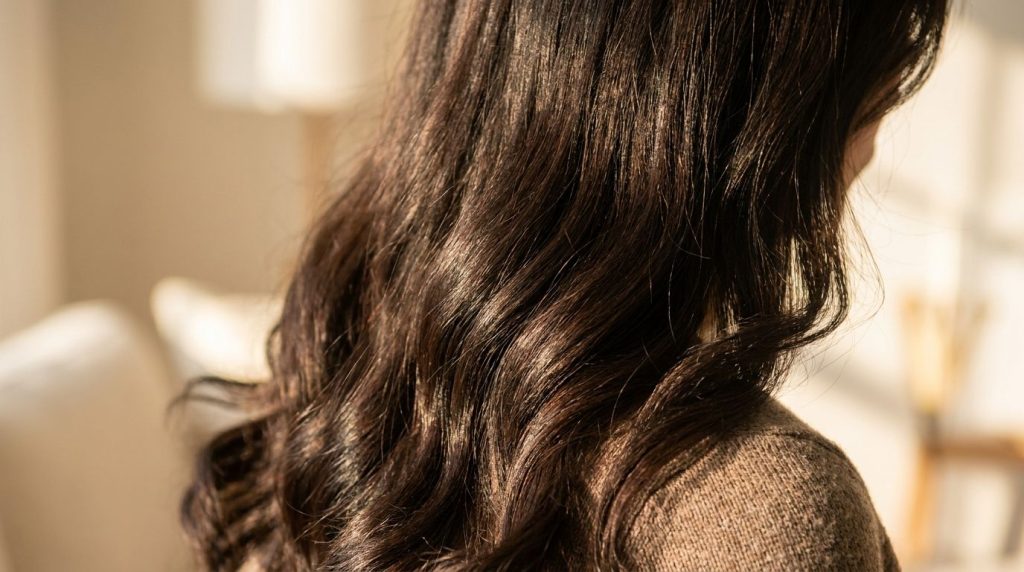 A close-up of healthy dark shiny hair cascading over a shoulder suggesting vibrancy and richness