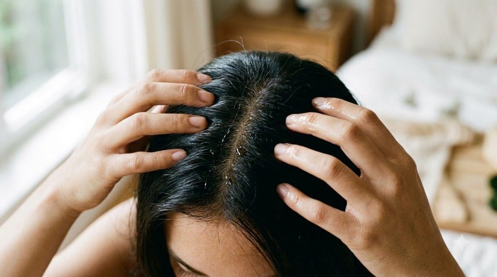 A woman gently massaging dark hair oil into her scalp with her fingertips showing nourished hair roots