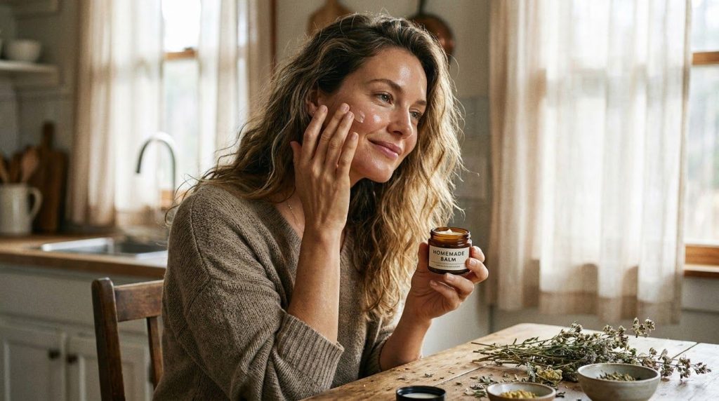 A woman gently applying a small amount of the homemade beauty balm to her cheek looking refreshed and radiant