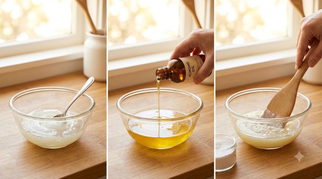 Steps for making the beauty balm showing melted Vaseline then almond oil being added and finally the powder being mixed