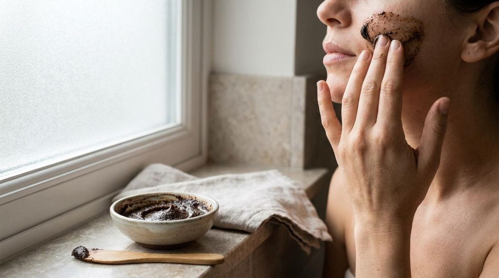 A person s hand gently applying a coffee face mask to their cheek with a blurred bathroom background