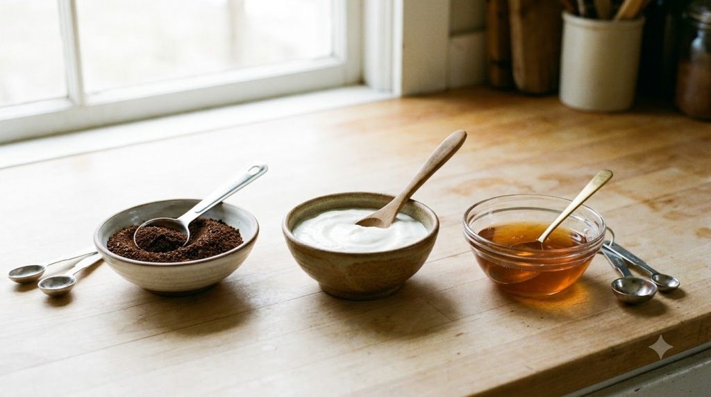 Individual small bowls containing ground coffee plain yogurt and honey with measuring spoons beside them on a light surf
