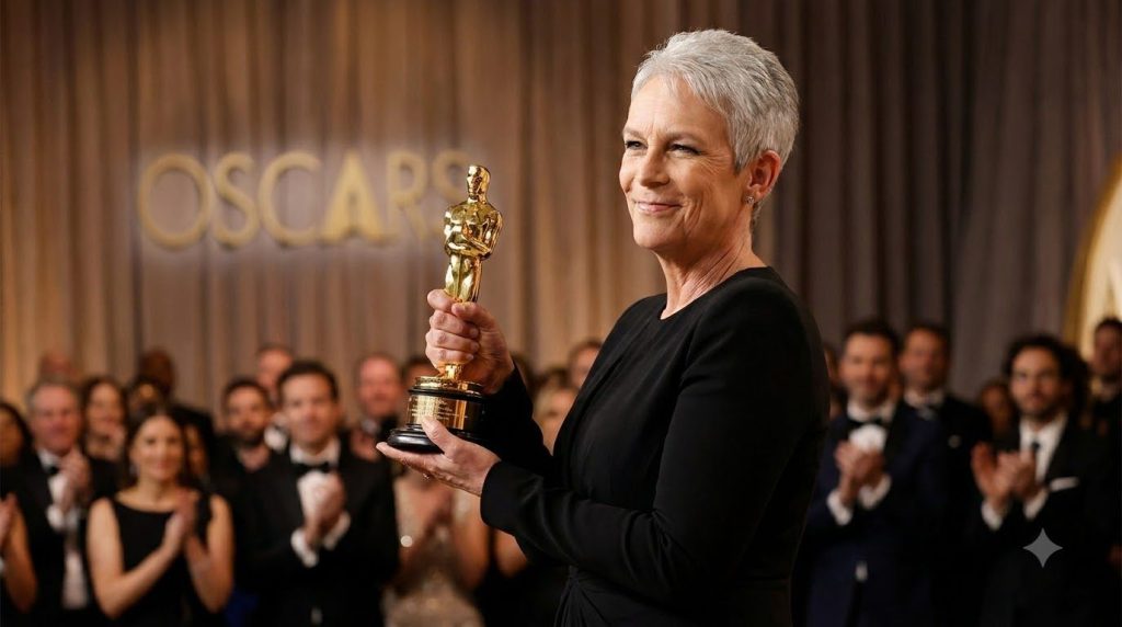 Jamie Lee Curtis holding her Academy Award for Best Supporting Actress smiling proudly at the Oscars ceremony