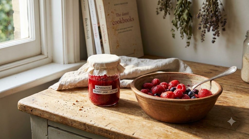 A jar of homemade bright red berry jam next to a small bowl of fresh thawed red berries showcasing the delicious transfo