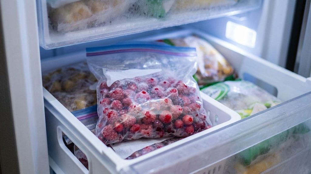 A clear freezer bag filled with bright red berries that are individually frozen resting in a freezer drawer