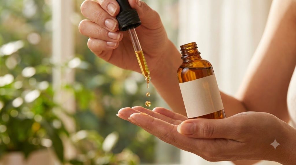 A small glass dropper bottle filled with golden homemade facial oil with a few drops being dispensed onto a woman s fing