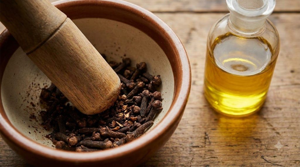 Close-up of whole cloves being gently crushed in a mortar and pestle before being added to a glass bottle with carrier o