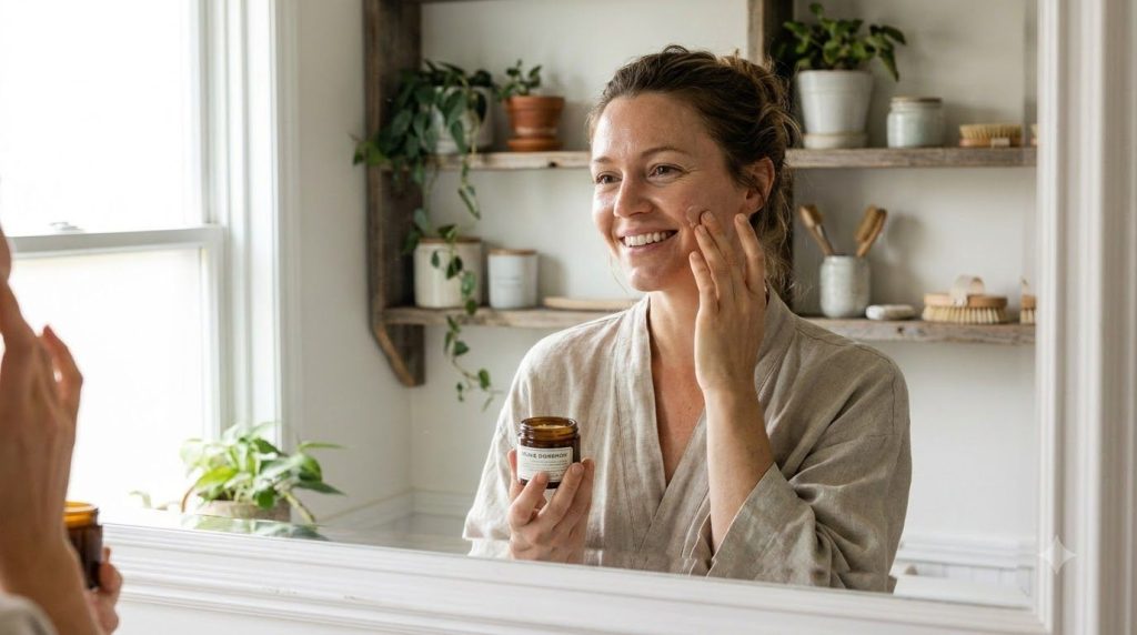 A woman gently applying a small amount of the homemade balm to her cheek looking in a mirror with soft natural lighting