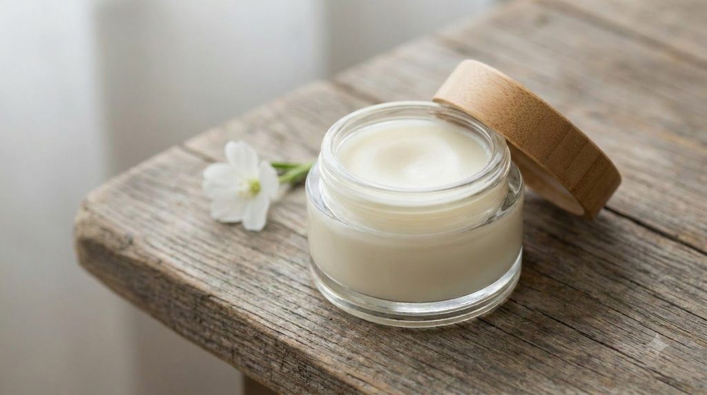 A small clear glass jar filled with the finished DIY Vaseline baby oil and colloidal oatmeal balm The balm has a smooth 