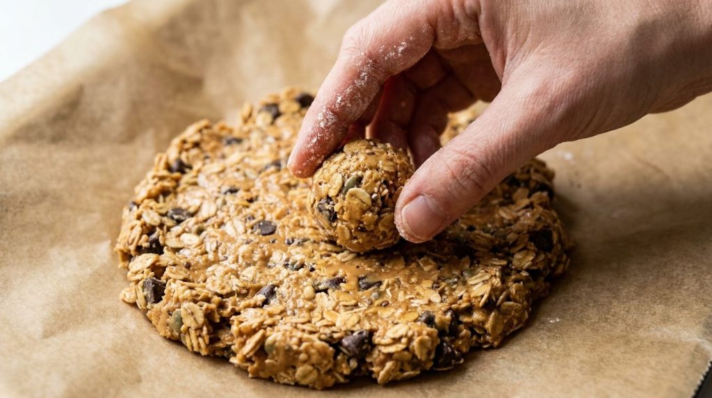 A close-up shot of a hand rolling the peanut butter mixture into small round balls on a piece of parchment paper The mix