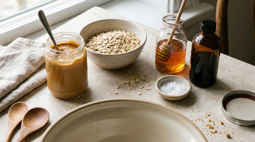 All ingredients for no-bake peanut butter bites laid out on a counter a jar of peanut butter a bowl of rolled oats a sma