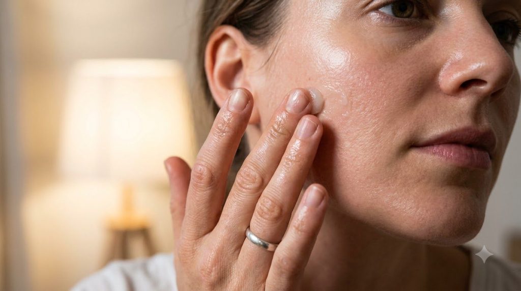 A close-up of a woman s hand applying a small amount of the Vaseline and baby oil mix to her cheek illustrating gentle a
