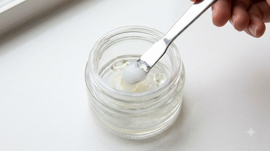A small clean container with Vaseline and baby oil being mixed with a spatula showing the creamy texture
