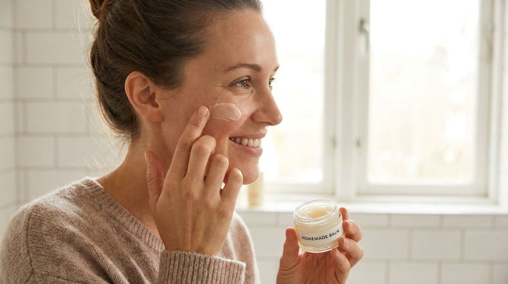 A woman gently applying a small amount of the balm to her cheek demonstrating the smooth texture and targeted applicatio