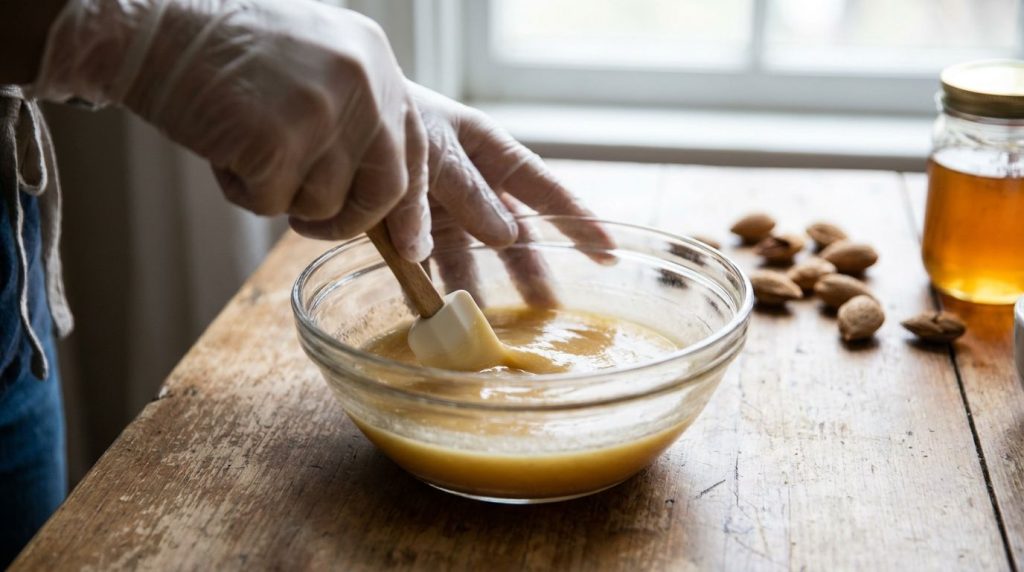 Hands mixing melted Vaseline almond oil and honey in a small bowl with a mini spatula showing the smooth combined textur