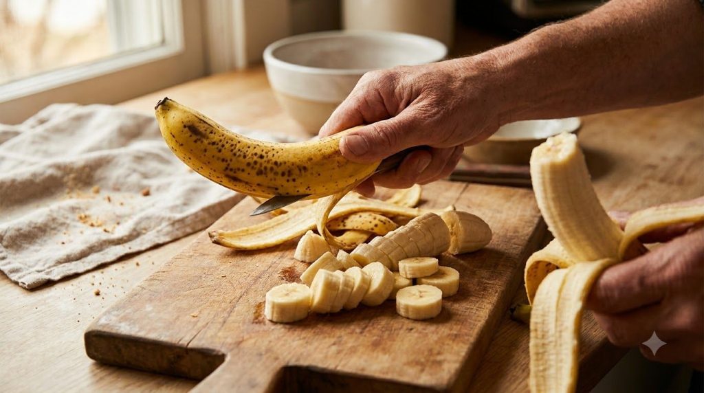 Close-up of ripe bananas being peeled and sliced on a cutting board ready for mashing or blending