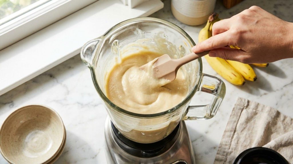 A blender with smooth banana puree being prepared with a spatula scraping down the sides