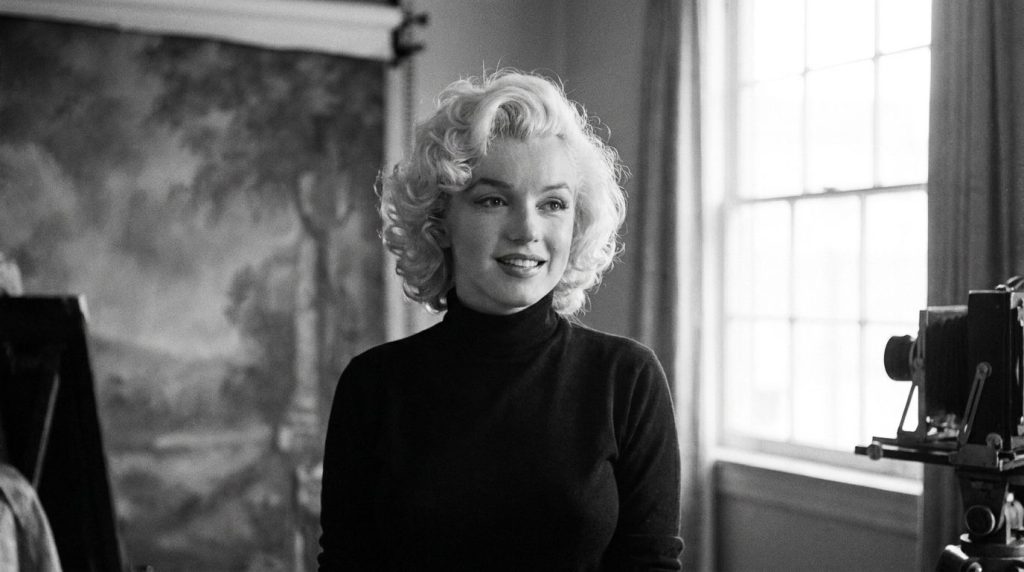 A black and white portrait of Marilyn Monroe smiling captivatingly