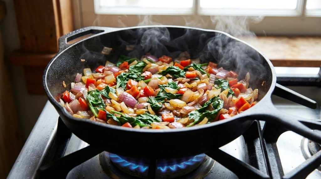 Chopped onion red bell pepper and spinach sautéing in a skillet on a stovetop softened and vibrant