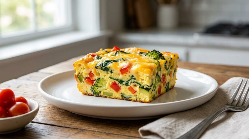 A square slice of the baked egg casserole on a white plate showing the layers of egg cheese and vegetables