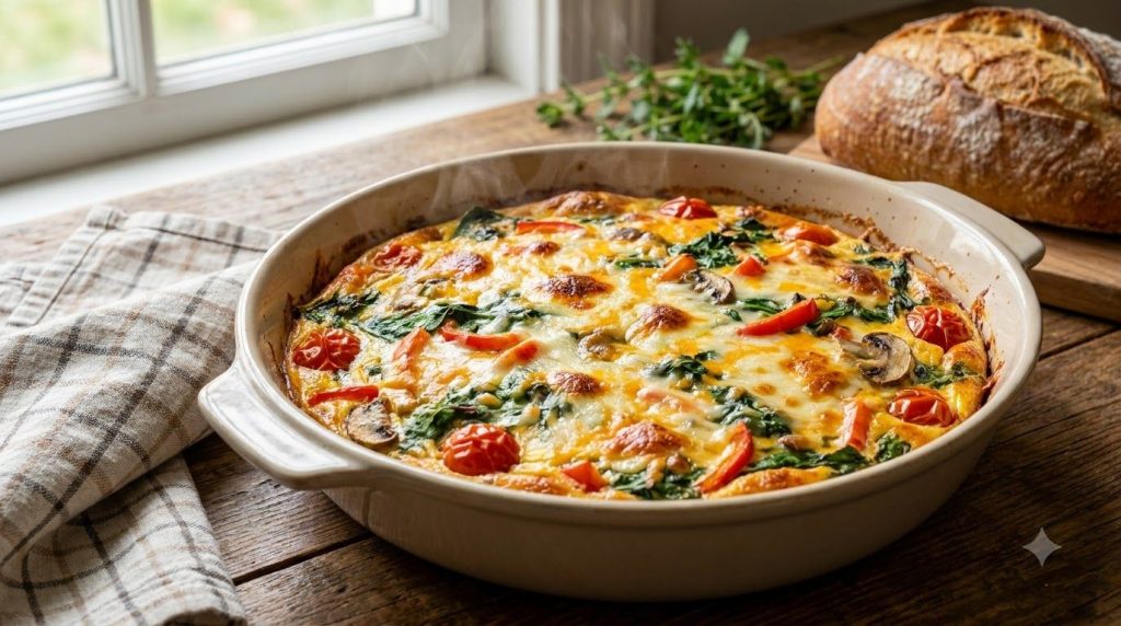 A golden-brown baked egg casserole still in the baking dish with melted cheese on top
