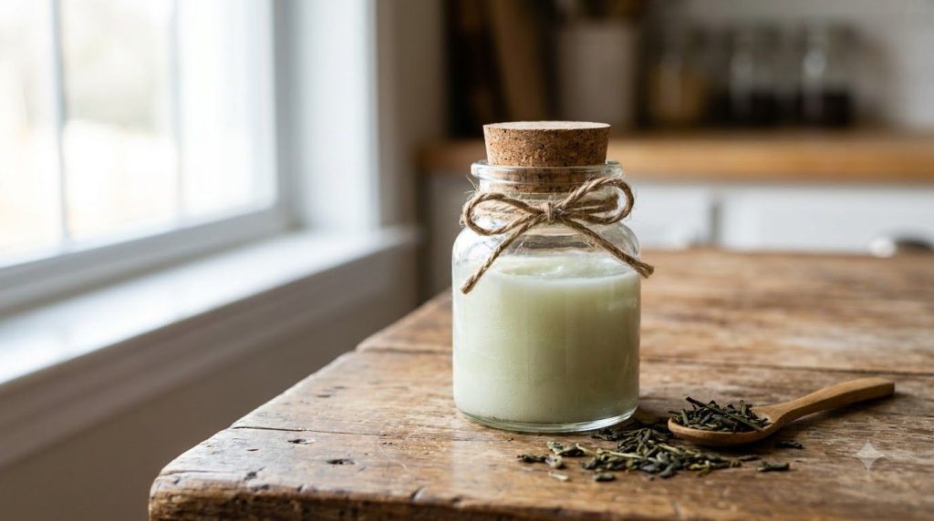 A small clean airtight glass jar filled with the freshly prepared green-tinted Vaseline baby oil and green tea powder ba