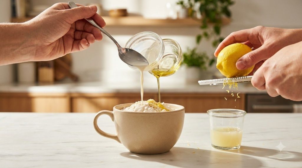 Close-up of a hand adding milk vegetable oil lemon zest and lemon juice into the same beige ceramic mug with dry ingredi