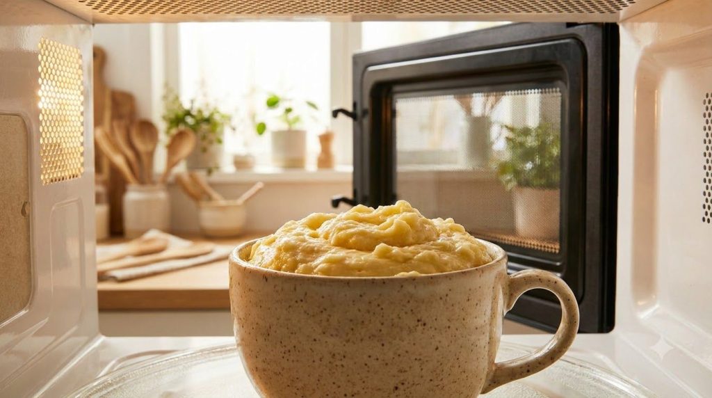 Close-up of the beige ceramic mug containing the lemon cake batter placed inside a microwave ready to be cooked