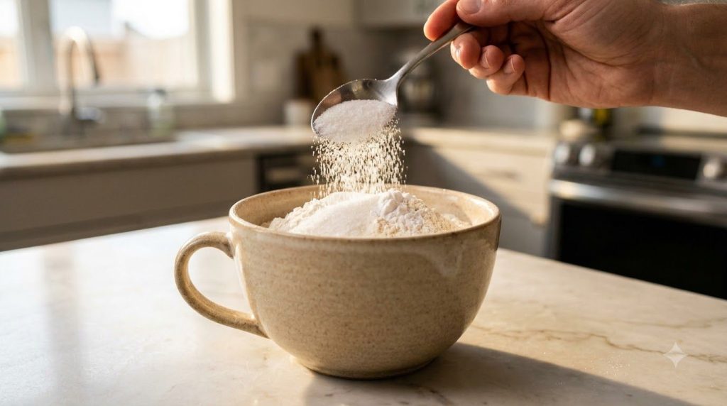 Close-up of a hand adding white granulated sugar into a beige ceramic mug that already contains flour and baking powder