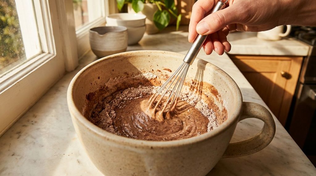 Close-up of a hand using a mini whisk to mix all the ingredients thoroughly within the beige ceramic mug until a smooth 