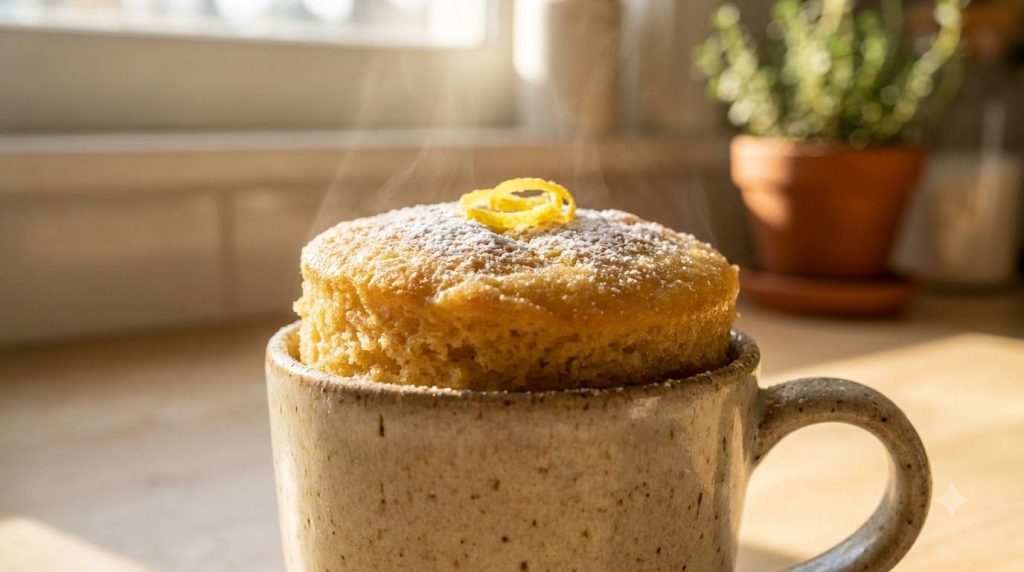 A perfectly cooked lemon mug cake in a beige ceramic mug dusted with a light layer of powdered sugar ready to be enjoyed
