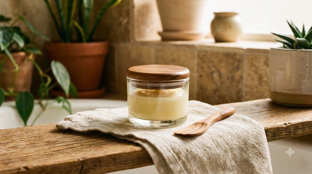 A small airtight glass jar filled with the prepared creamy night blend labeled or decorated simply placed on a soft clot