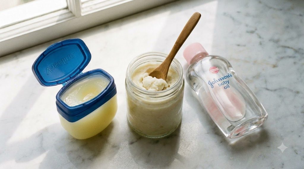 All three ingredients for the beauty balm Vaseline shea butter and baby oil arranged neatly on a counter