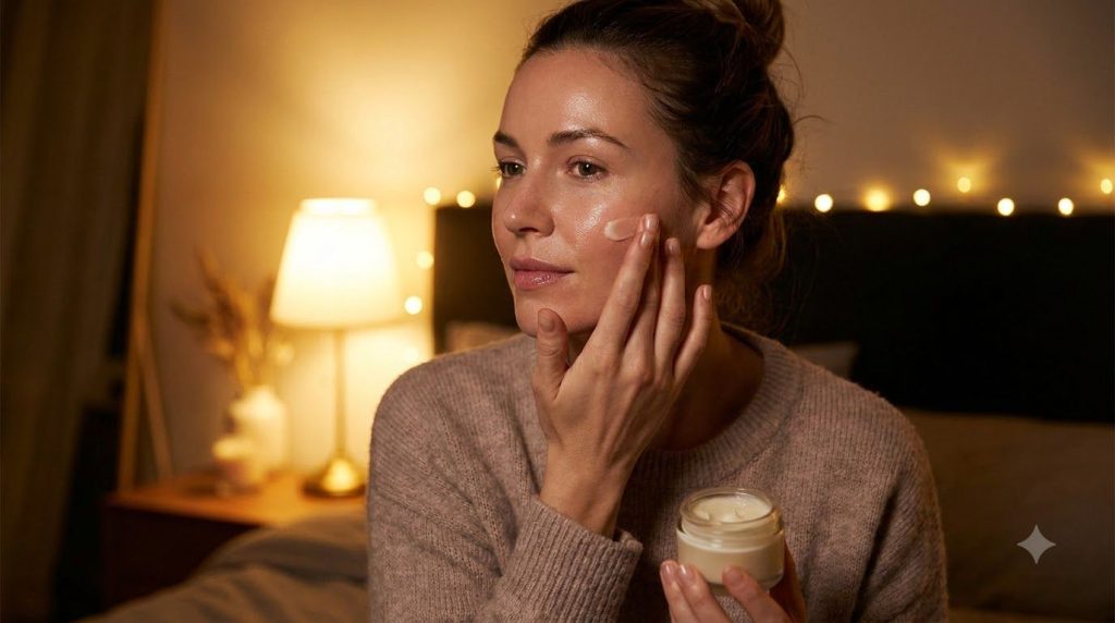 A woman applying the finished beauty balm to her face at night showing soft glowing skin