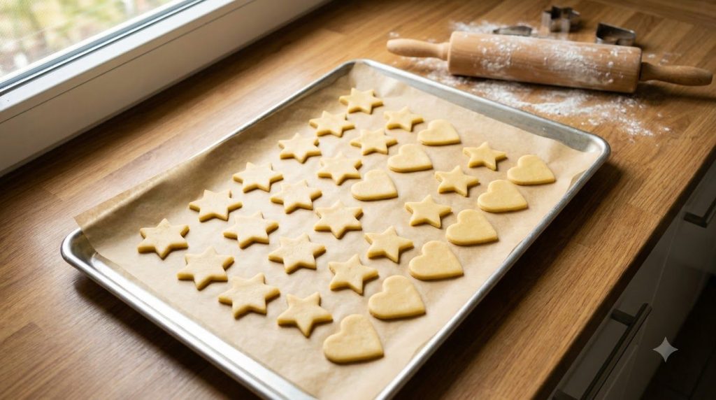 Raw butter cookie dough cut into shapes neatly arranged on a parchment-lined baking sheet ready to go into the oven