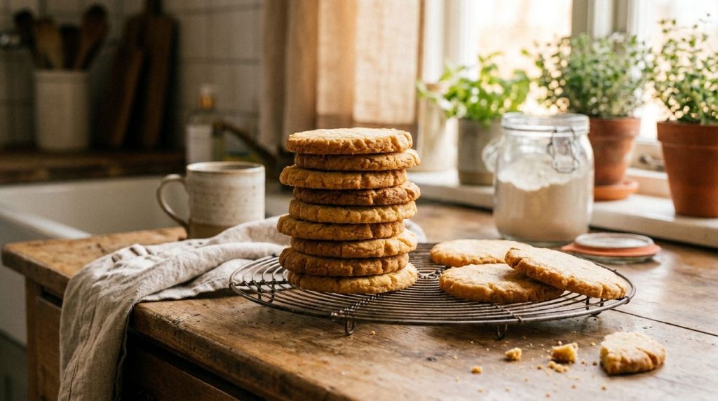 A stack of perfectly golden-brown classic butter cookies on a wire cooling rack with a few extra cookies scattered aroun