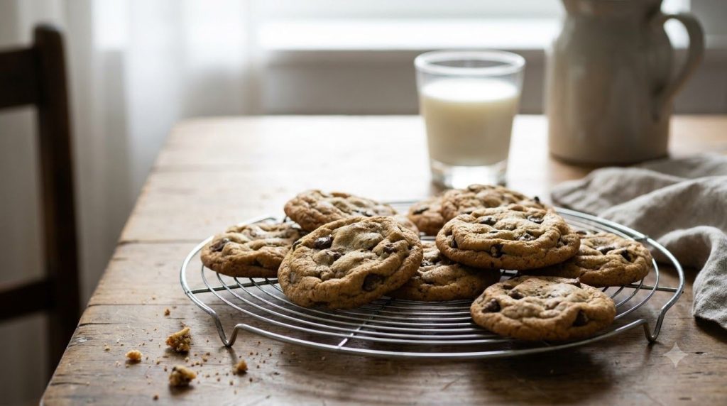 Freshly baked golden-brown cookies cooling on a wire rack with some milk in a glass in the background exuding a comforti