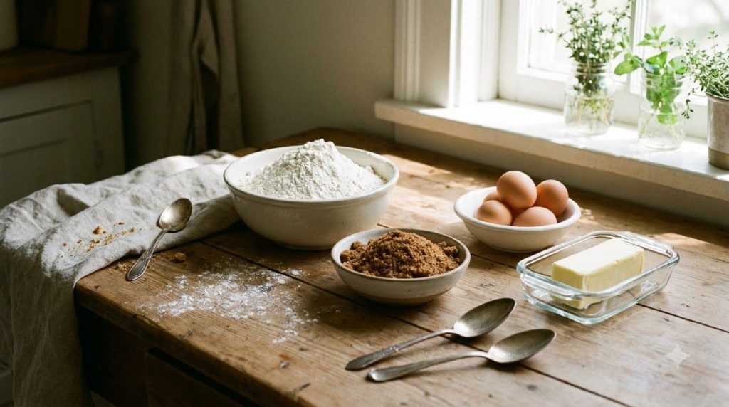 A variety of baking ingredients including flour sugar eggs and butter neatly arranged on a wooden countertop ready for b