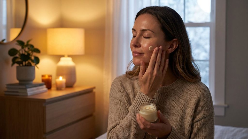 Woman gently applying the Vaseline Baby Oil and Royal Jelly balm to her face before bed