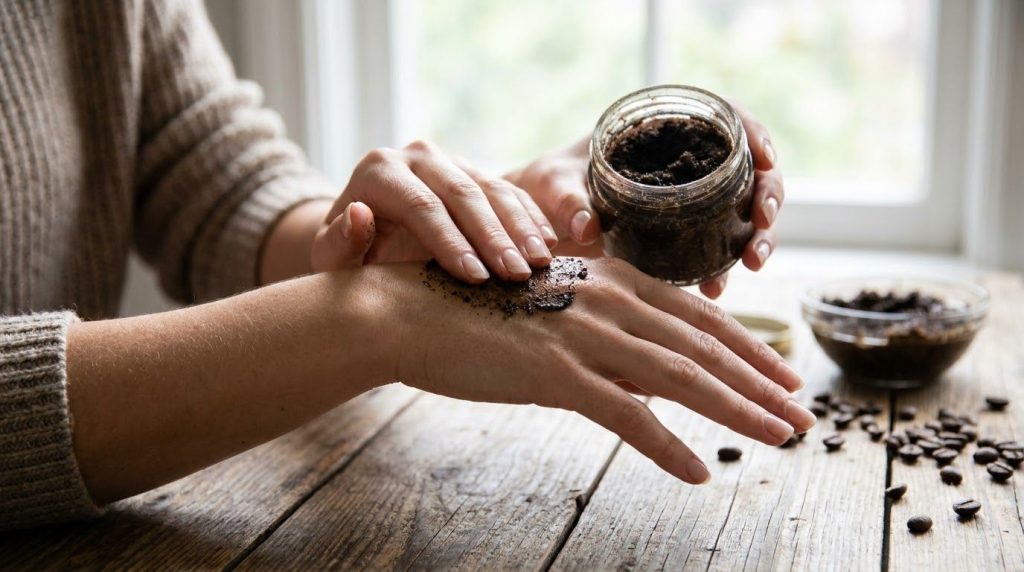 A woman gently applying a small amount of the Vaseline and coffee scrub mixture to her hand showing the texture and prop