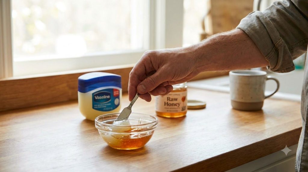A person s hand mixing Vaseline with a small amount of honey in a glass bowl with a small spatula showcasing the prepara