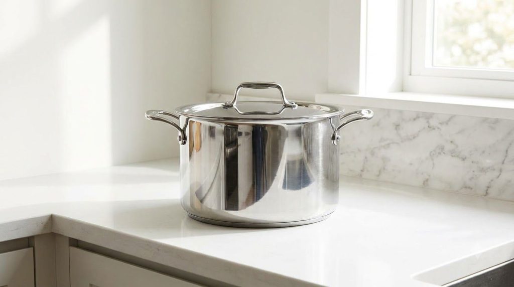 A gleaming clean metal pot sparkling and free of any burns on a clean kitchen counter