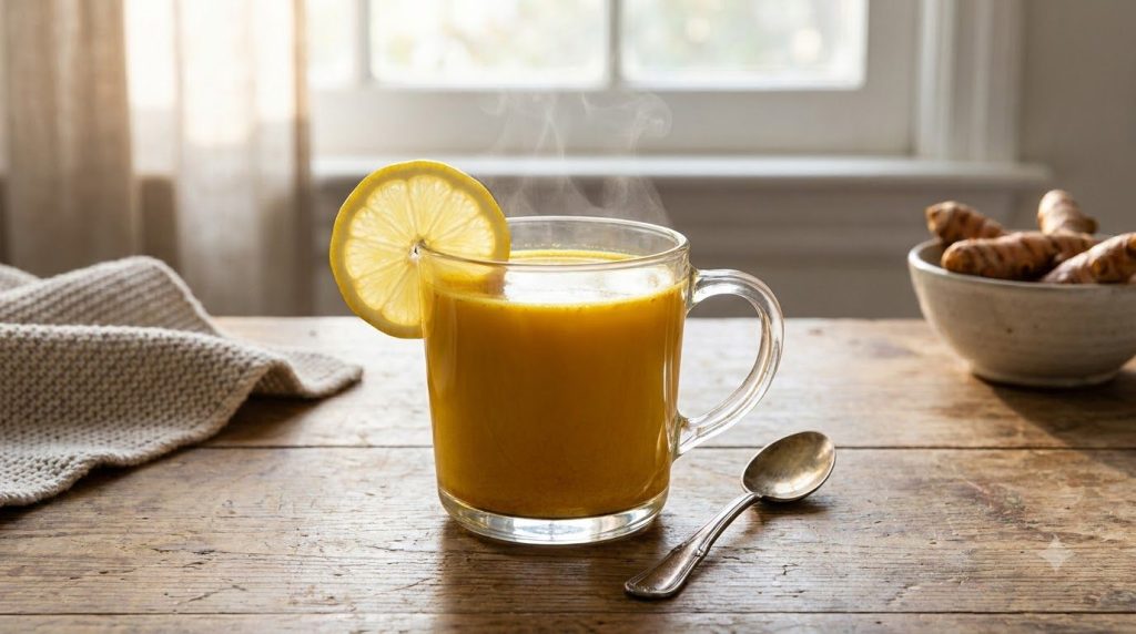 A prepared Golden Morning Turmeric Drink in a clear glass on a wooden table with steam rising a lemon slice and a spoon 
