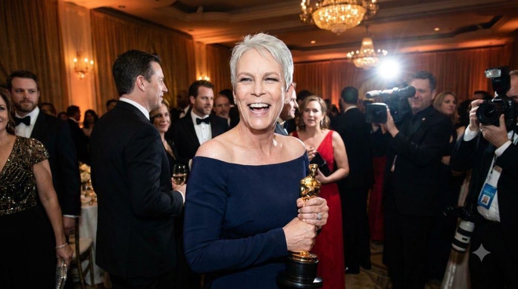 Jamie Lee Curtis holding her Academy Award trophy smiling