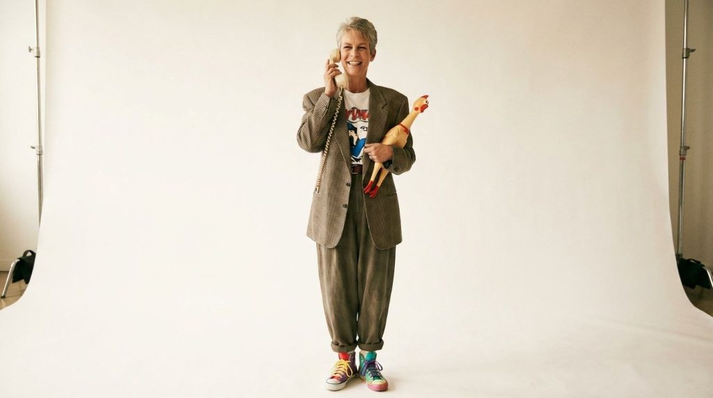 Jamie Lee Curtis in a promotional photo for a comedy film from the 1980s showing her range beyond horror