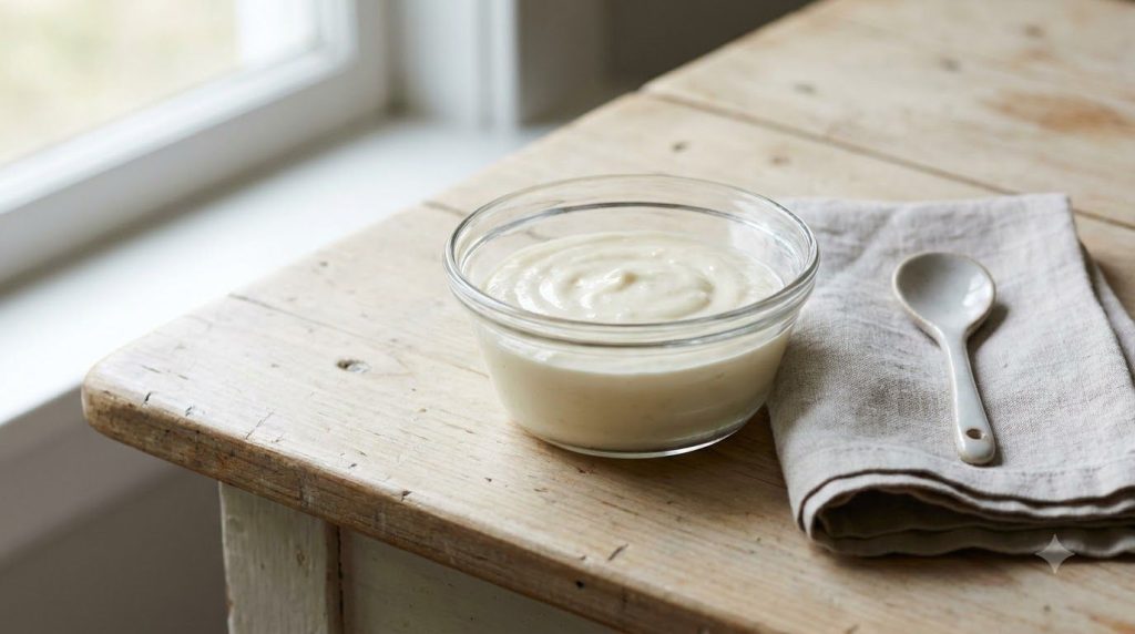 A smooth creamy mixture of Vaseline egg and rice powder in a small glass bowl ready for application