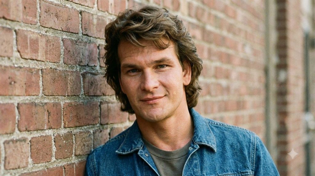 A real publicity photo of Patrick Swayze from the 1980s perhaps from the set of Dirty Dancing or Road House showing him 