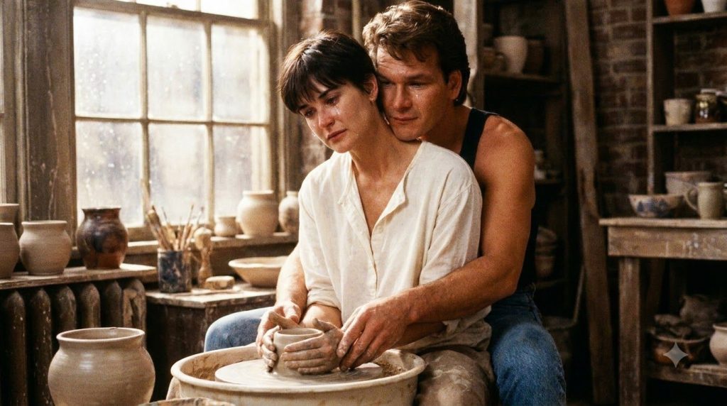 A real film still or promotional image from the movie Ghost 1990 featuring Patrick Swayze and Demi Moore capturing a poi