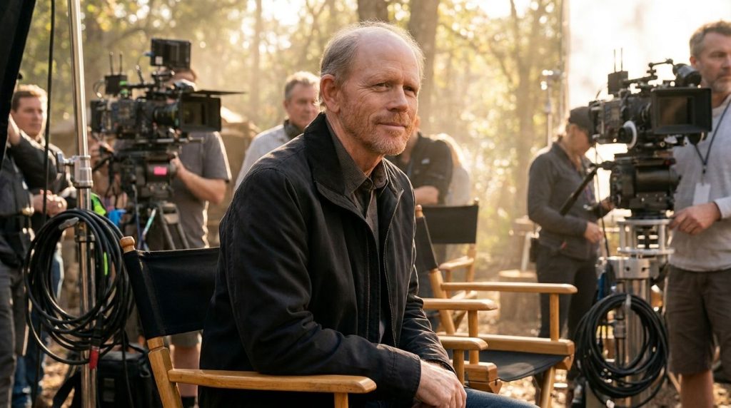 Ron Howard as an adult looking thoughtful and professional perhaps on a film set directing a scene or accepting an award